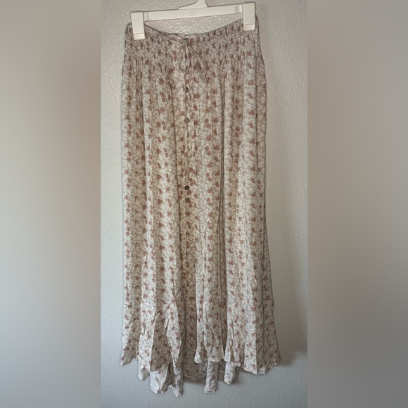 Promesa Sand Floral Smocked Waist Button High Low Maxi Skirt - Picture 8 of 12